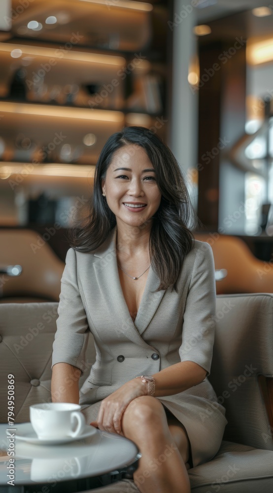 middle aged businesswoman drinking coffee in her home office, psychotherapist, strong intelligent female character, attractive and confident middle aged businesswoman drinking coffee in her home office, psychotherapist, strong intelligent female character, attractive and confident