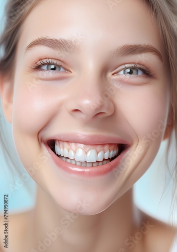  In a radiant close-up, a woman's smiling face beams with joy and confidence, her eyes sparkling with happiness and her lips curved in a captivating smile.