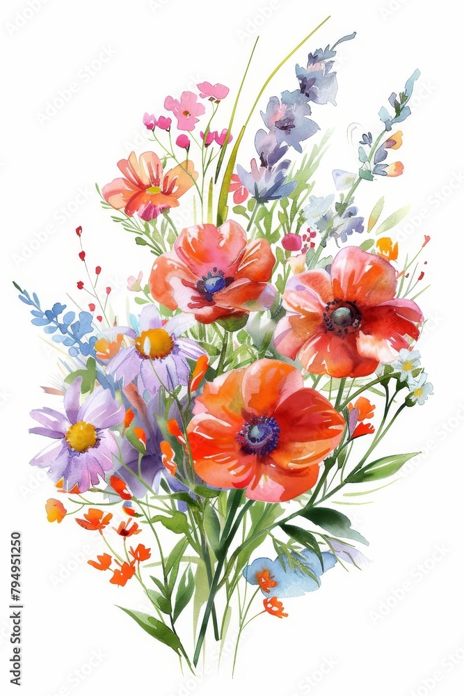 Colorful watercolor bouquet of spring flowers, white isolated background --ar 2:3 Job ID: a8c6feb3-2309-40de-ae57-1ca4636554d2