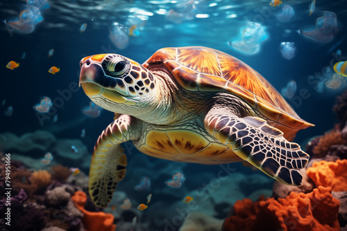A turtle swims in the ocean with fish swimming around it. The turtle is the main focus of the image, and the fish are in the background. The scene is calm and serene, generative AI photo