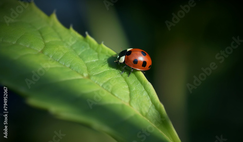 A tiny ladybug crawling along the edge of a leaf, its red and black spots standing out vividly. © Creative