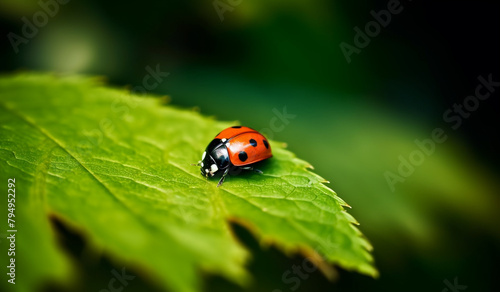 A tiny ladybug crawling along the edge of a leaf, its red and black spots standing out vividly.