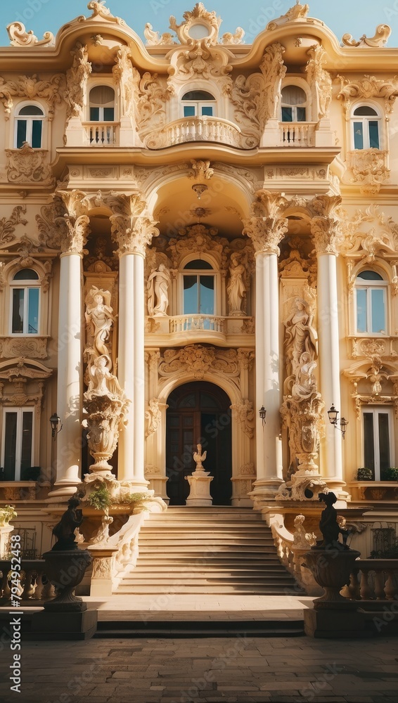 Baroque Palace Facade: Ornate Balconies, Spiraling Columns, and Mythological Statues