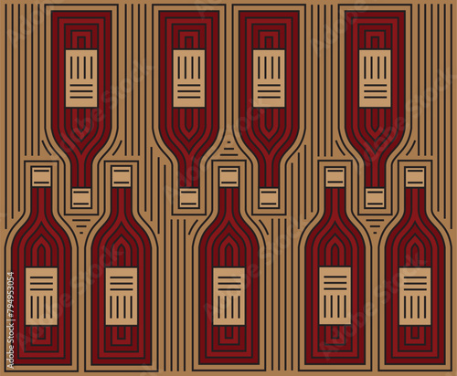 Red Wine bottles silhouettes, vintage  decorative pattern.  Illustration of colorful background for  alcohol advertising,  banners, wine markets, bars and vineyards. Vector available.  © jiris