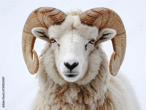 Close-up of horned ram, male sheep, isolated white background