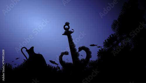 Anchor on the bottom in the ocean, flat color illustration