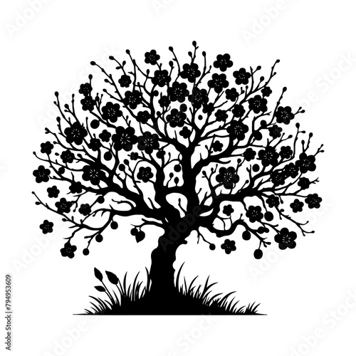 Plum Tree Vector Silhouette- Embodies the Serene Beauty of Nature's Fruitful Bounty- Plum Tree Illustration