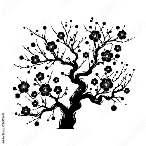 Plum Tree Vector Silhouette- Embodies the Serene Beauty of Nature's Fruitful Bounty- Plum Tree Illustration