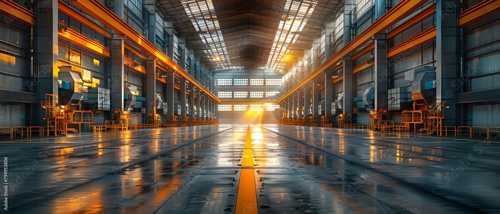 Steel manufacturing plant with industrial sheet metal stacks in the background. Concept Steel Manufacturing, Industrial Sheet Metal, Factory Environment, Industrial Stacks, Manufacturing Operations