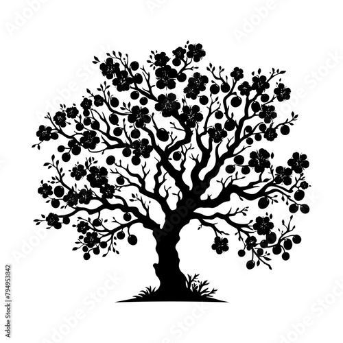 Plum Tree Vector Silhouette- Embodies the Serene Beauty of Nature's Fruitful Bounty- Plum Tree Illustration