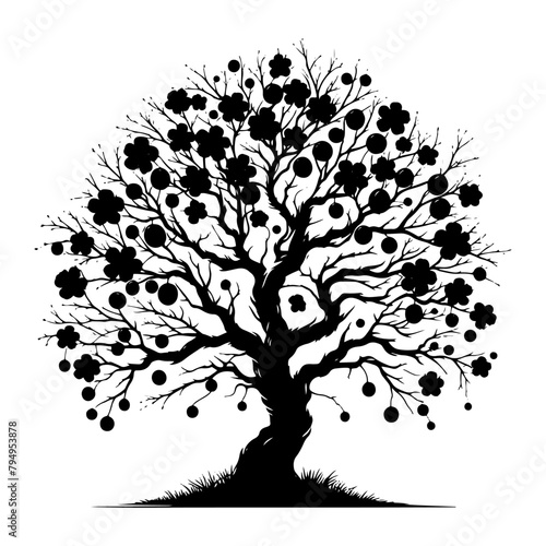 Plum Tree Vector Silhouette- Embodies the Serene Beauty of Nature's Fruitful Bounty- Plum Tree Illustration