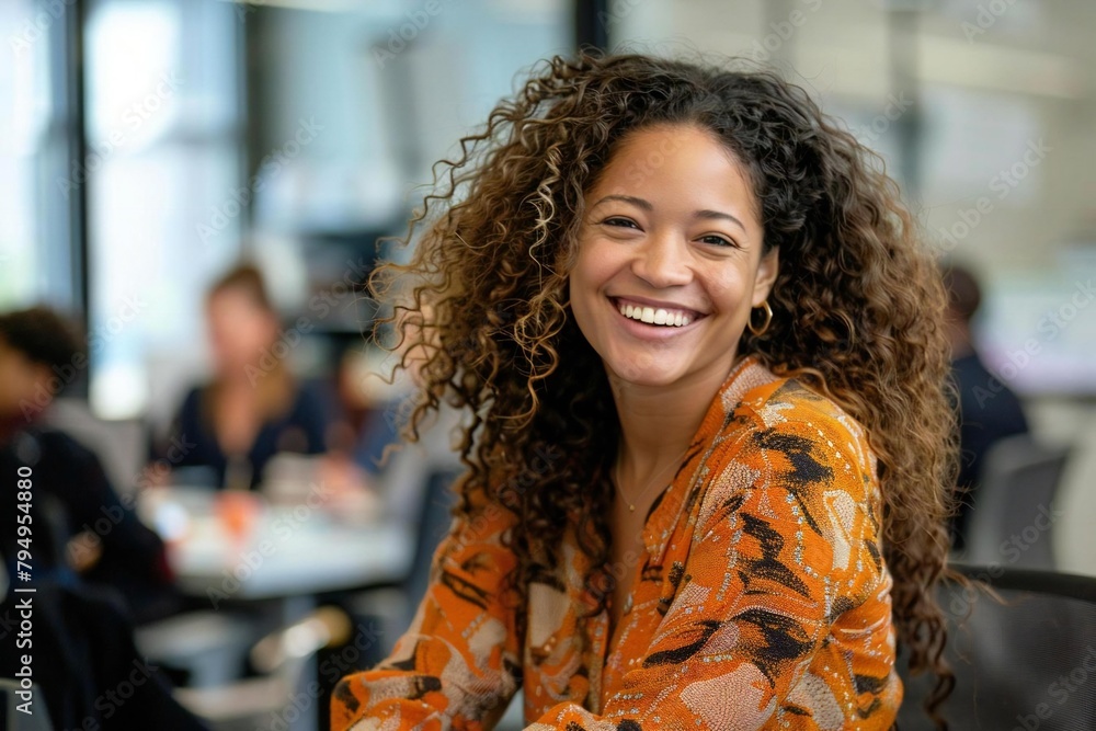 Happy woman CEO in office leading innovative technology Happy woman CEO in office leading innovative technology