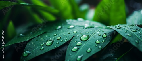 Fototapeta Naklejka Na Ścianę i Meble -  vibrant rainforest under rain, water droplets macro, minimalist with wide copy space