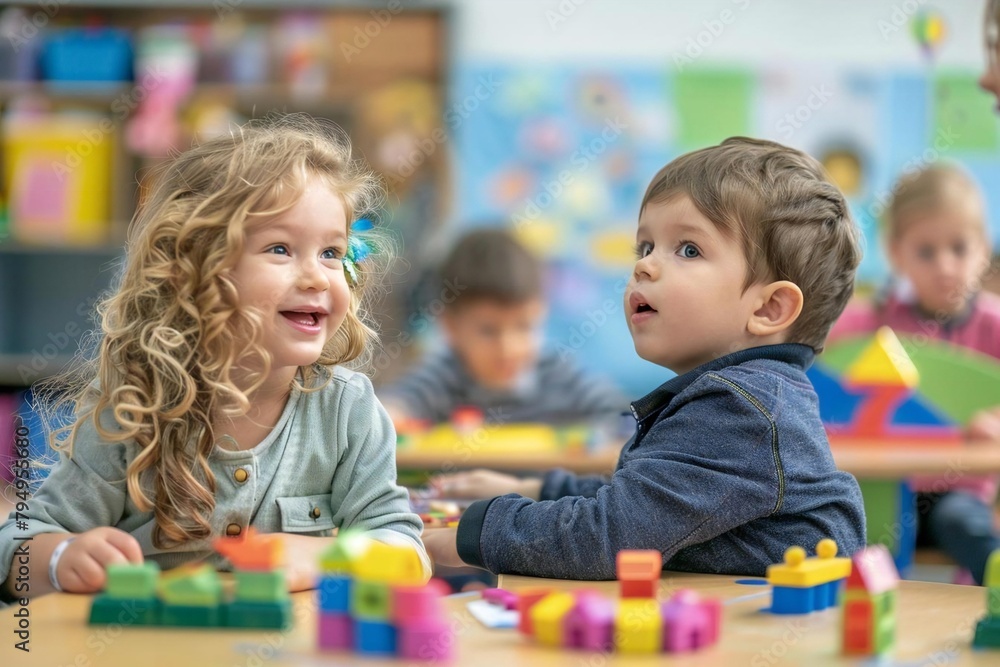 Happy children in school classroom learning and playing Happy children in school classroom learning and playing
