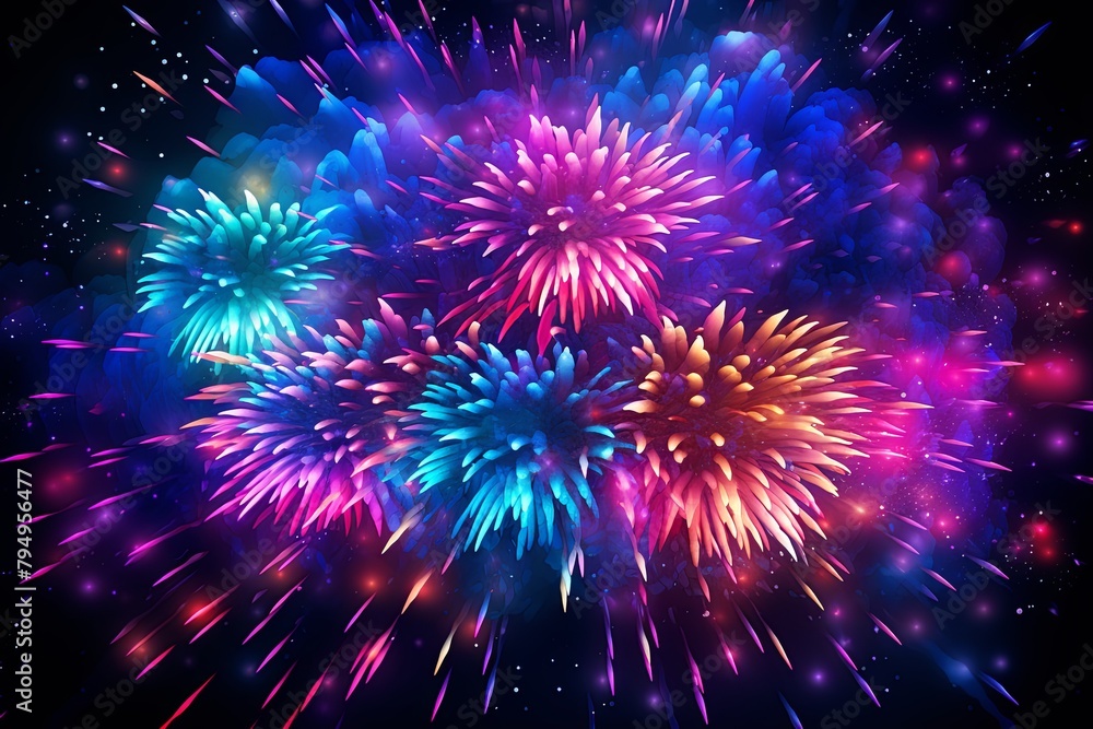Fototapeta premium Dazzling Firework Gradient Explosions: Cascading Dynamic Light Spectacle