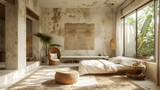 A room with a white bed, a chair, and a rug. The room has a rustic feel to it