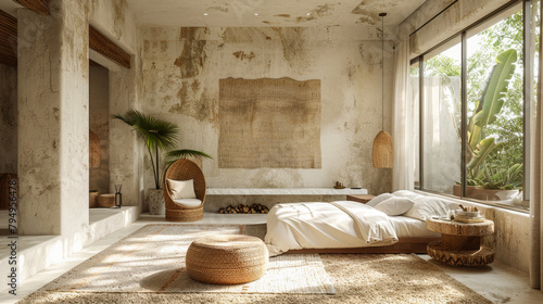 A room with a white bed, a chair, and a rug. The room has a rustic feel to it photo