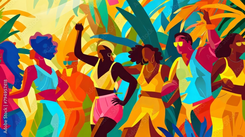 Illustration of a street carnival featuring vibrant samba dancers Illustration of a street carnival featuring vibrant samba dancers