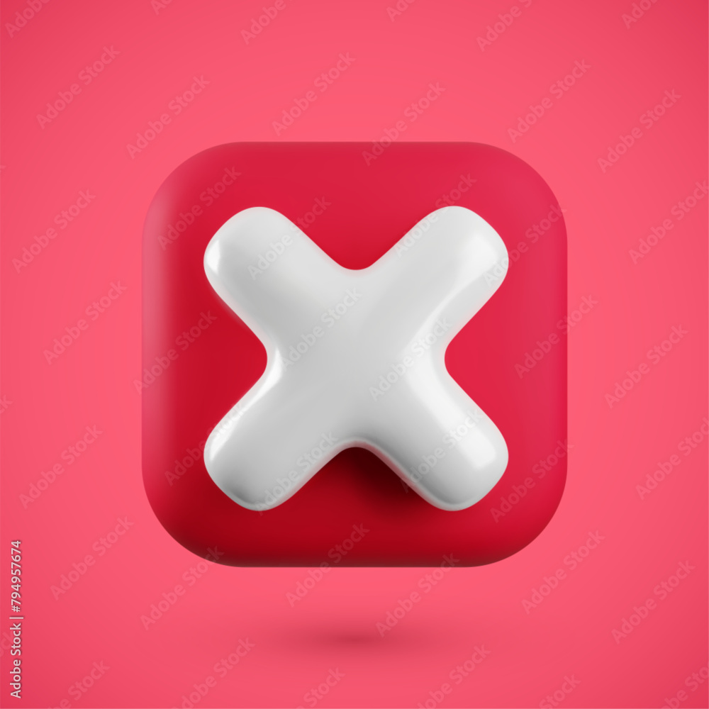 Vector realistic 3d red cross x banner. Trendy plastic wrong red check mark, delete square sign on red background. No vote button. 3d render not approved symbol, error, failed sign for app, web design Vector realistic 3d red cross x banner. Trendy plastic wrong red check mark, delete square sign on red background. No vote button. 3d render not approved symbol, error, failed sign for app, web design