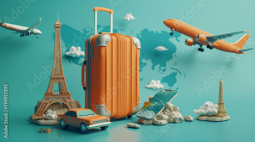 Creative Travel Concept with Eiffel Tower, Vintage Car, and Airplane Luggage