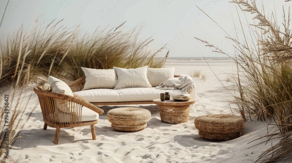 Obraz premium Summer relaxation concept in an aesthetic interior with an armchair and a lounger.
