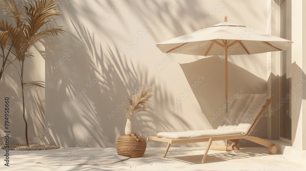 Summer relaxation concept in an aesthetic interior with an armchair and a lounger. Apartment with an empty wall, a chair and an indoor flower - palm tree. Interior Design.
Summer relaxation concept in an aesthetic interior with an armchair and a lounger. Apartment with an empty wall, a chair and an indoor flower - palm tree. Interior Design.