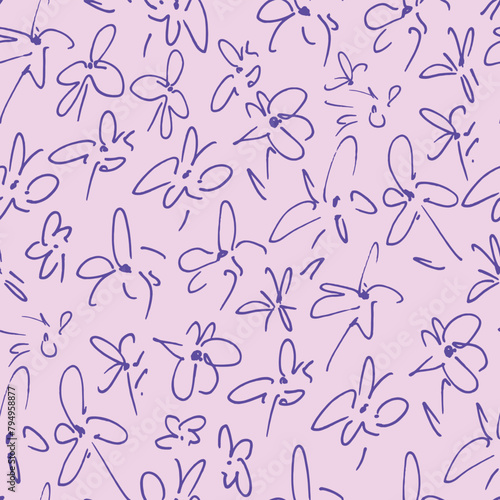 Pruple Flower Sketches 
Decorative seamless pattern. Repeating background. Tileable wallpaper print. (ID: 794958877)