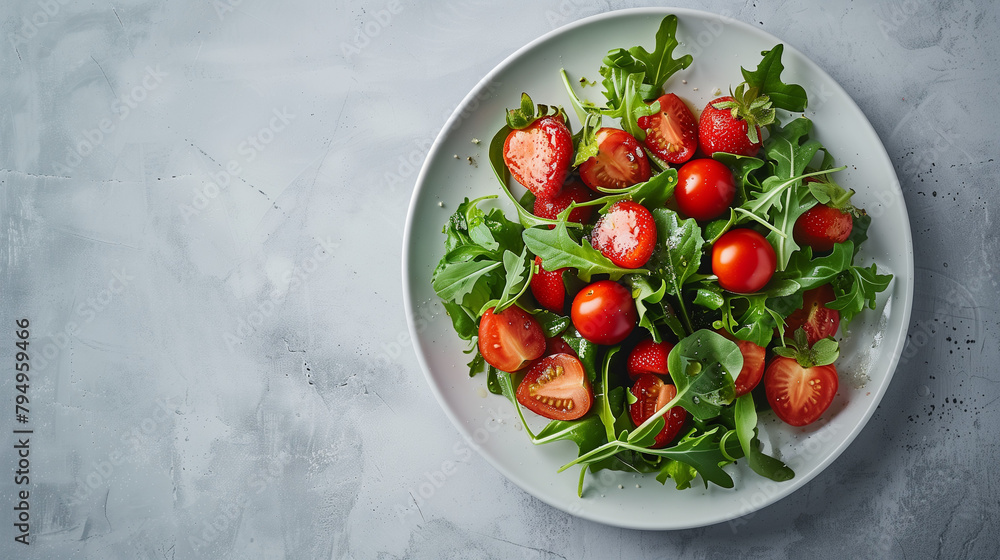 Indulge in the vibrant flavors of summer with a salad bursting with freshness, featuring juicy cherry tomatoes and succulent strawberries atop a sleek grey backdrop.
Indulge in the vibrant flavors of summer with a salad bursting with freshness, featuring juicy cherry tomatoes and succulent strawberries atop a sleek grey backdrop.