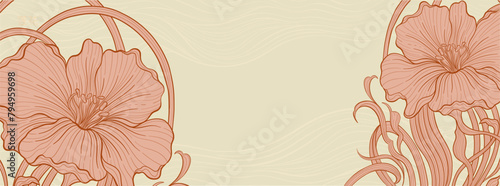 Elegant prestigious Art Deco background template with flowers. The design luxury is made for Art Deco motif with beige and gold colors.