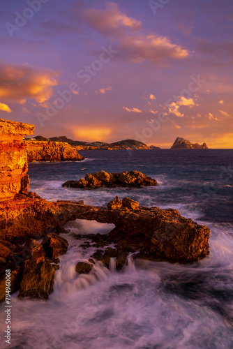 Beautiful sunset at Cap des Bou cape, near Cala Comte beaches, Sant Josep de Sa Talaia, Ibiza, Balearic Islands, Spain