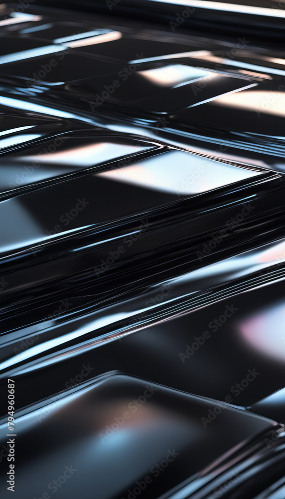 Abstract background with glossy black and blue lines, shimmering shades and light highlights