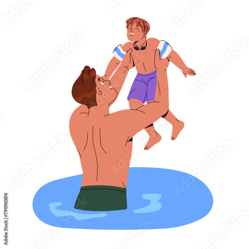 Happy father holds his son on hands. Parent plays with kid in water in summer. Boy in swimming sleeves, inflatable armbands has fun with dad. Flat isolated vector illustration on white background