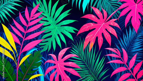 Striking neon tropical foliage on a dark background, ideal for vibrant summer themes and energetic decor. Includes ample copy space