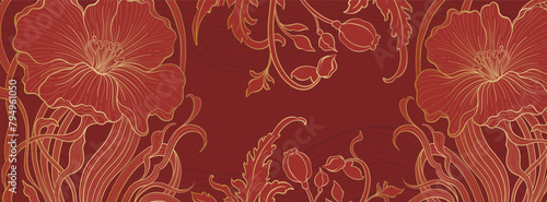 Elegant prestigious Art Deco background template with flowers. The design luxury is made for Art Deco motif with red and gold colors.