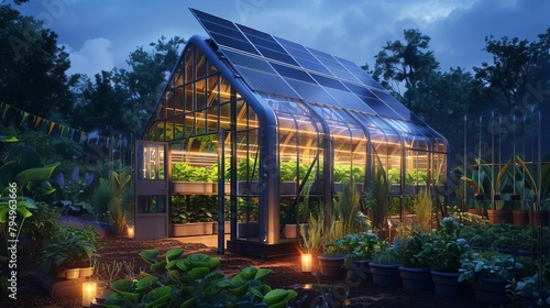 An IoTenabled smart greenhouse at dusk, with sensors and automated systems monitoring and adjusting environmental conditions, while solar panels on the roof generate clean energy to power the innovati