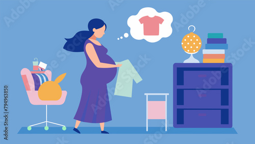 A pregnant woman browsing through secondhand baby furniture and clothes finding affordable options to help with budgeting.