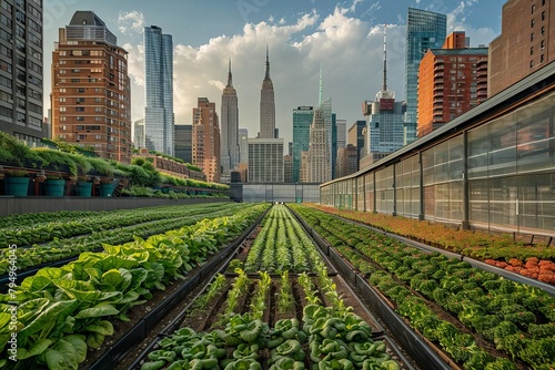 An expansive rooftop farm spanning multiple city blocks, with rows of crops and greenhouses nestled among the towering skyscrapers, promoting sustainable living and local food production in the heart photo