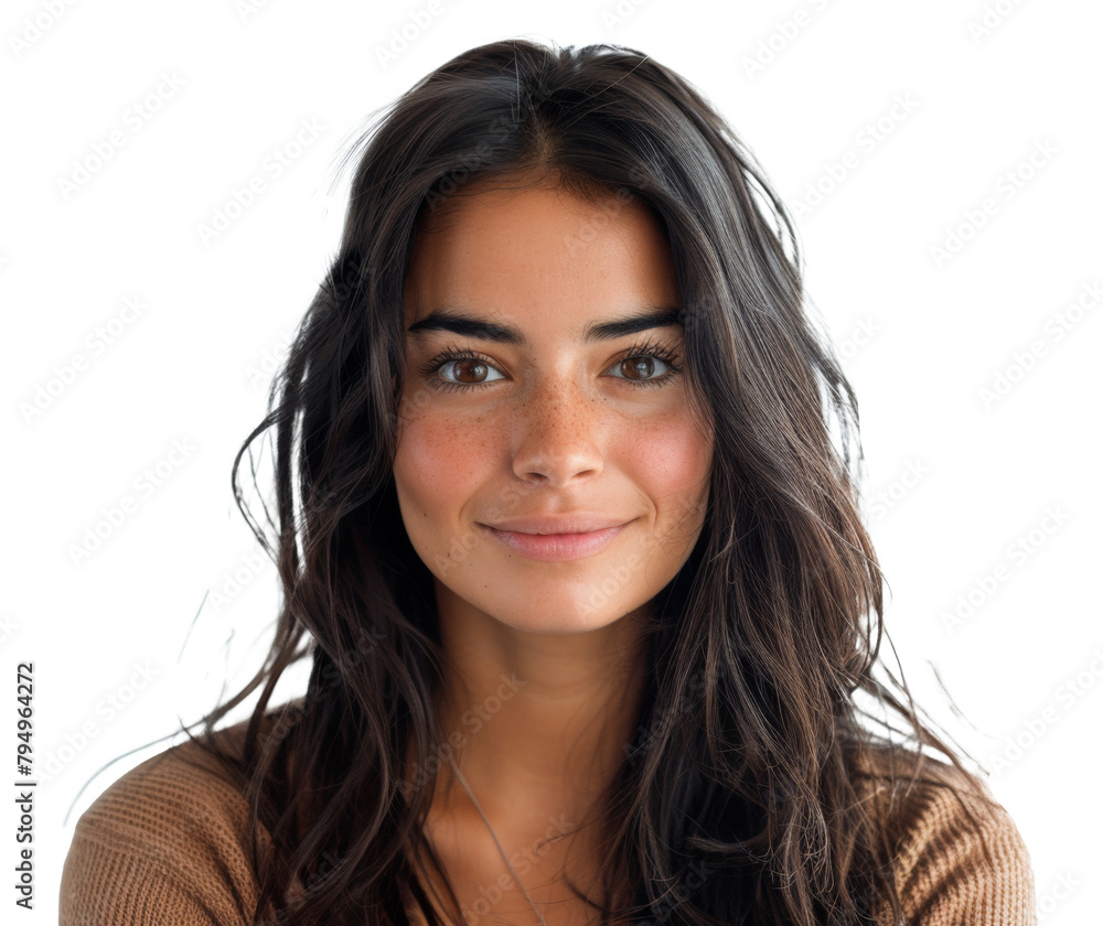 Natural portrait of a woman with black hair isolated on transparent background Natural portrait of a woman with black hair isolated on transparent background