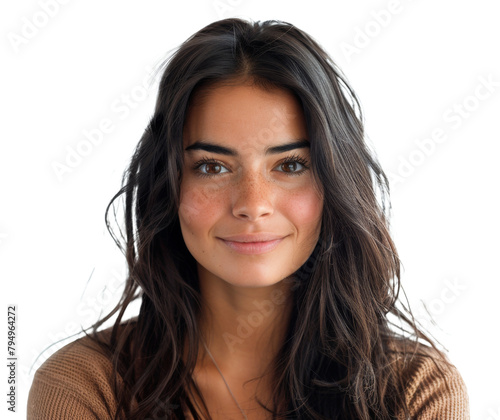 Natural portrait of a woman with black hair isolated on transparent background