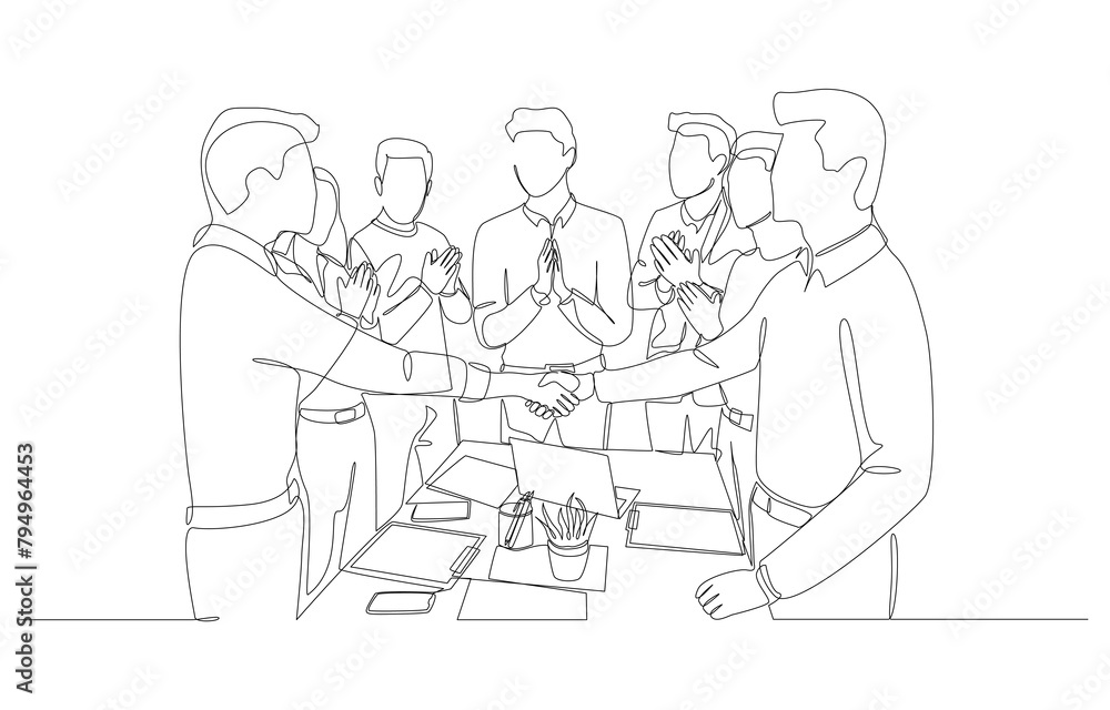 Continuous one line drawing of employees welcoming new colleague, warm and friendly workplace, building good relationship within business team concept, single line art.