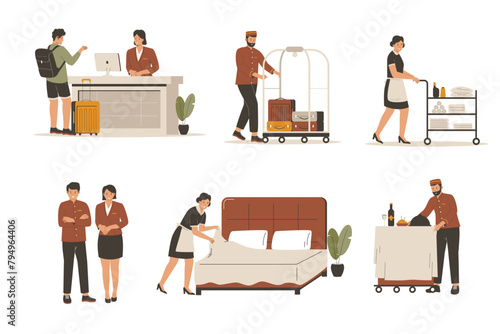 Hotel staff vector illustrations set. doorman, chef, guard, maid, cleaning room, receptionist isolated vector illustration. Flat illustration set