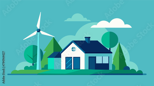 A modern minimalist house with a wind turbine standing tall beside it generating clean and ecofriendly energy.