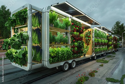 A mobile, modular vertical farming unit with deployable solar panels, designed for rapid deployment in disasterstricken areas, providing both fresh produce and renewable energy in emergency situations photo