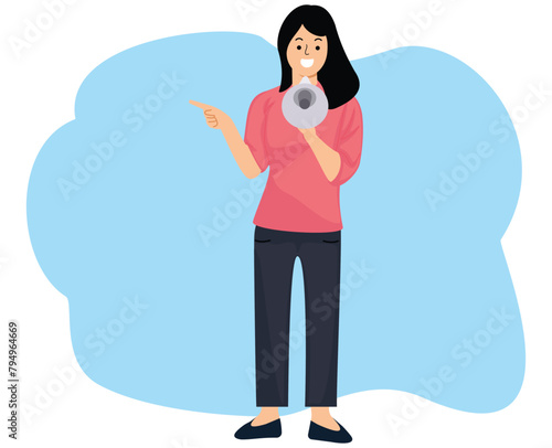 excited happy woman hold megaphone announces discounts sale with hand pointing finger aside