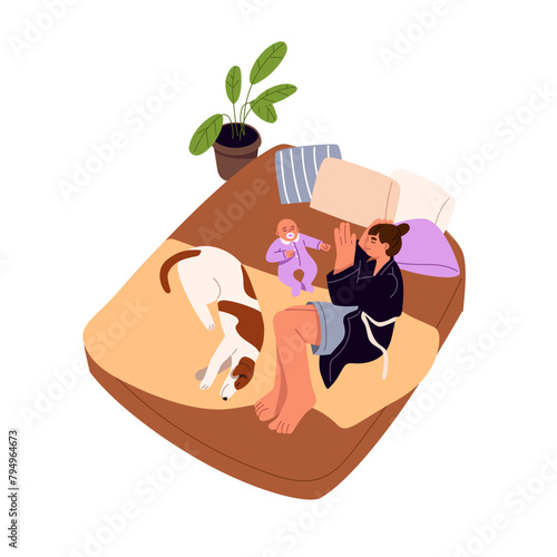 Mother with her baby sleeps top view. Woman has rest in bed with kid and dog. Mom and newborn relax together at night. Family naps in bedroom. Flat isolated vector illustration on white background
