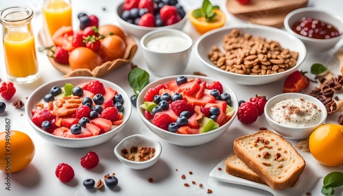 Colorful and tasty breakfast ingredients on white table 