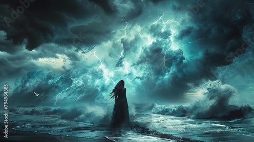 A powerful image of a woman standing against a storm