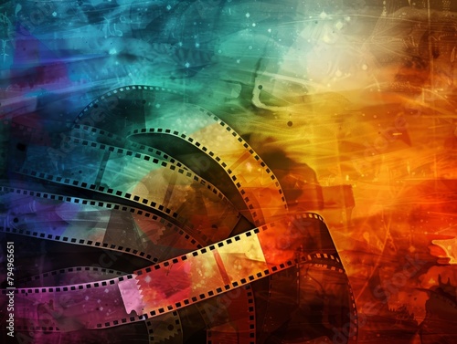Colorful abstract background with film reels and light effects.