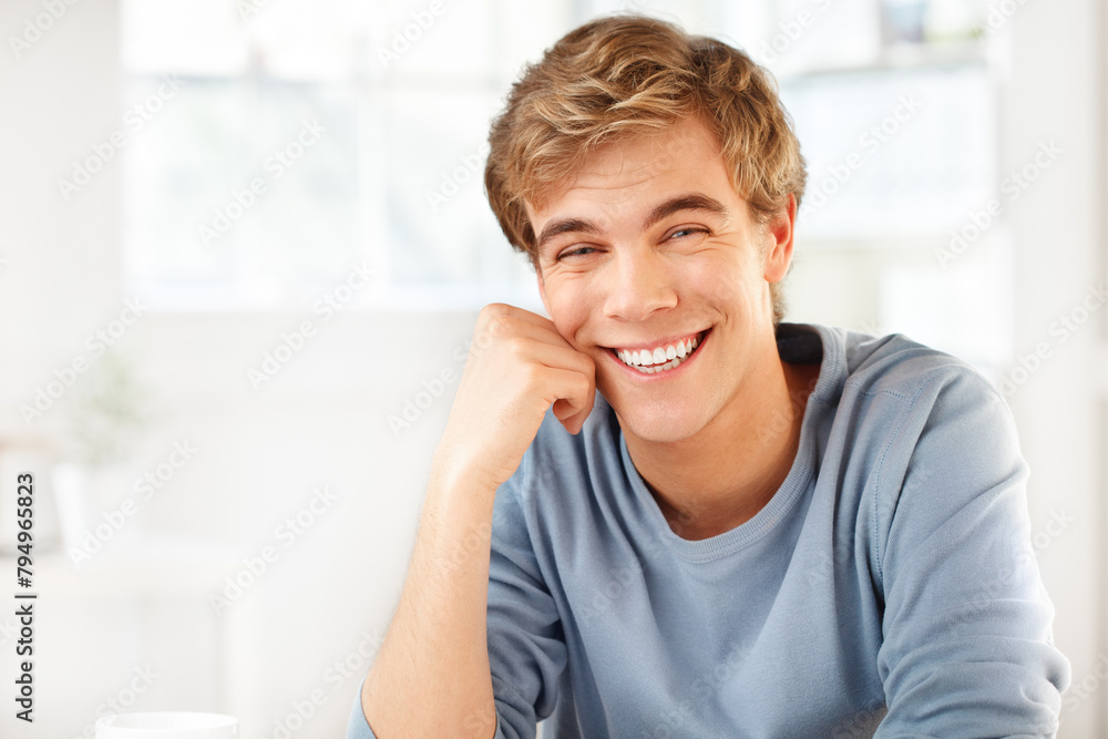 Portrait, relax and smile of man, house and peace for weekend, break and mockup space and happy. Holiday, university student and guy in apartment, morning and Gen z in home, rest and carefree Portrait, relax and smile of man, house and peace for weekend, break and mockup space and happy. Holiday, university student and guy in apartment, morning and Gen z in home, rest and carefree