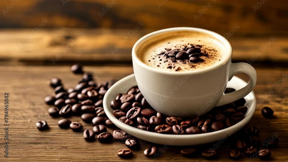 Aromatic coffee beans and a steaming cup of espresso a perfect blend of indulgence Aromatic coffee beans and a steaming cup of espresso a perfect blend of indulgence